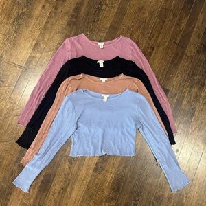4pc Bozzolo Women’s Long Sleeve Ribbed Ruffle Edge Crop Top Bundle Medium